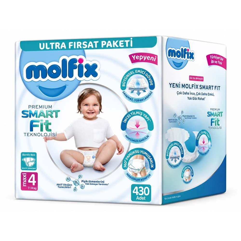 Molfix Premium Smart Fit Bebek Bezi 4 Beden 7-14 KG Maxi 430 Adet Mega Ultra Fırsat Pk