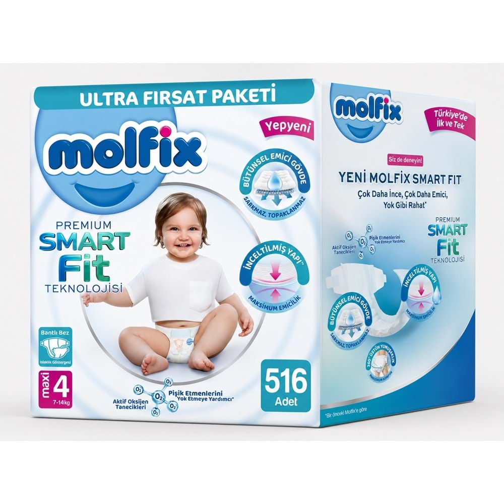 Molfix Premium Smart Fit Bebek Bezi 4 Beden 7-14 KG Maxi 516 Adet Ekstra Ultra Fırsat Pk