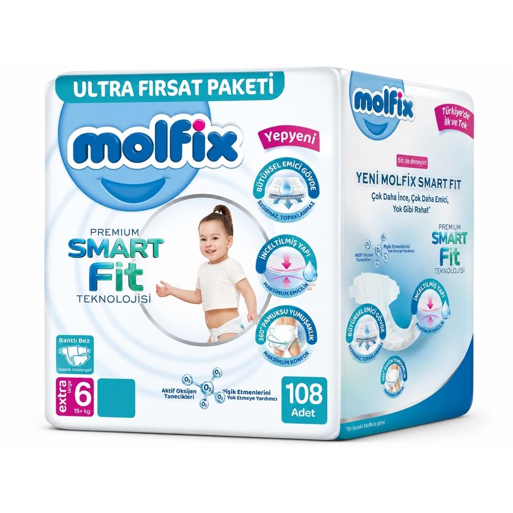 Molfix Premium Smart Fit Bebek Bezi 6 Beden 15+ KG Extra Large 108 Adet Ekonomik Ultra Fırsat Pk