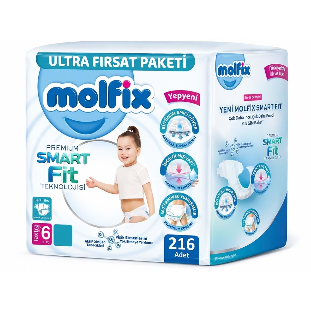Molfix Premium Smart Fit Bebek Bezi 6 Beden 15+ KG Extra Large 216 Adet Avantaj Ultra Fırsat Pk