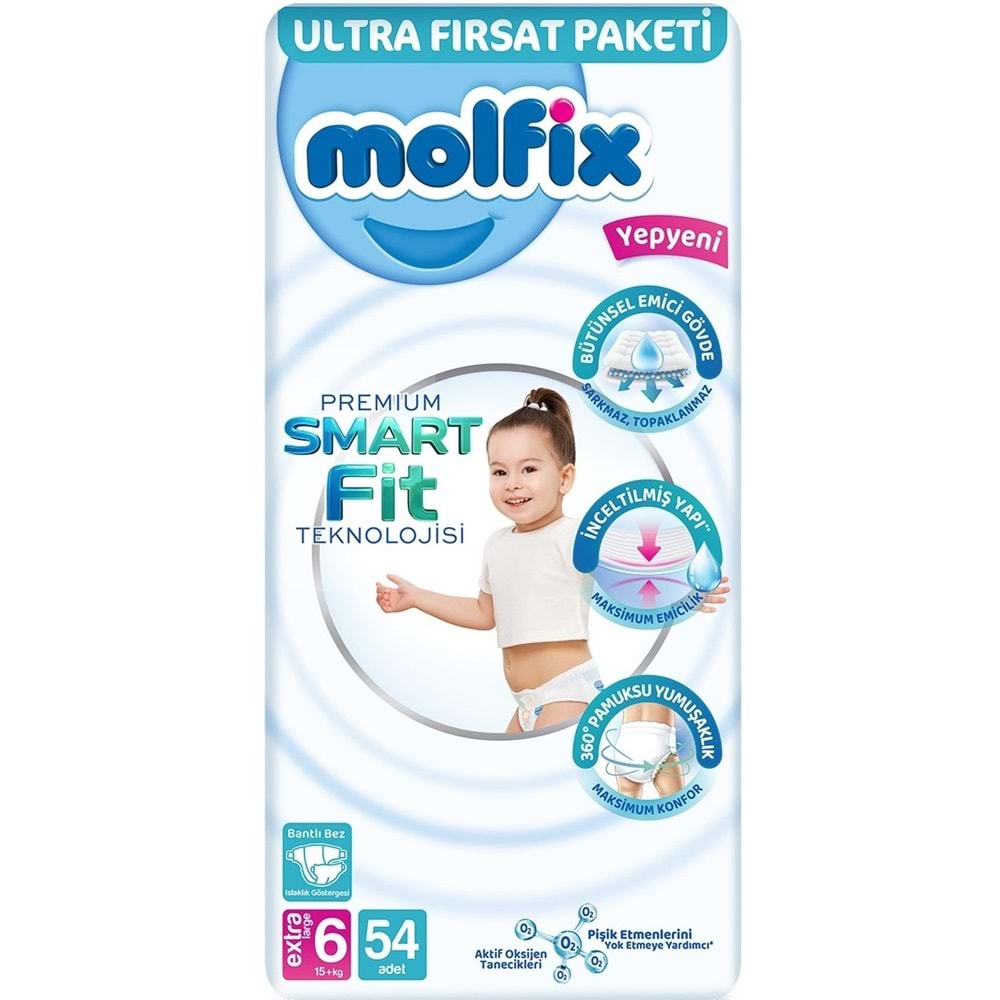 Molfix Premium Smart Fit Bebek Bezi 6 Beden 15+ KG Extra Large 216 Adet Avantaj Ultra Fırsat Pk