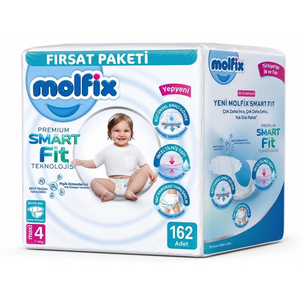 Molfix Premium Smart Fit Bebek Bezi 4 Beden 7-14 KG Maxi 162 Adet Aylık Fırsat Pk