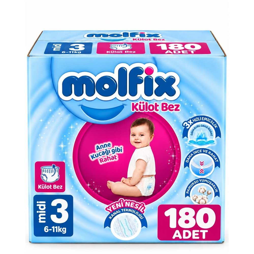 Molfix Külot Bebek Bezi 3 Beden 6-11 KG Midi 180 Adet Aylık Fırsat Pk