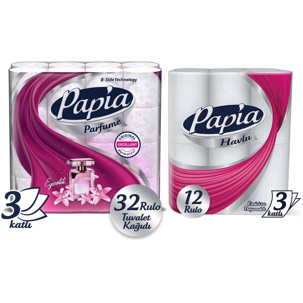 Papia Tuvalet Kağıdı (3 Katlı) 32 Li Pk Egzotik Parfümlü + 12 Li Paket Kağıt Havlu Klasik (3 Katlı)