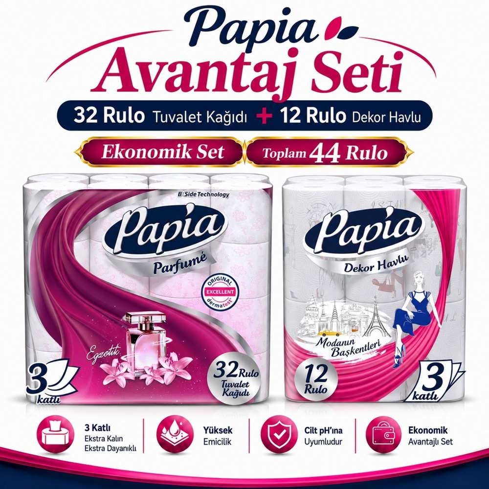 Papia Tuvalet Kağıdı (3 Katlı) 32 Li Pk Egzotik Parfümlü + 12 Li Paket Kağıt Havlu Decor Desenli