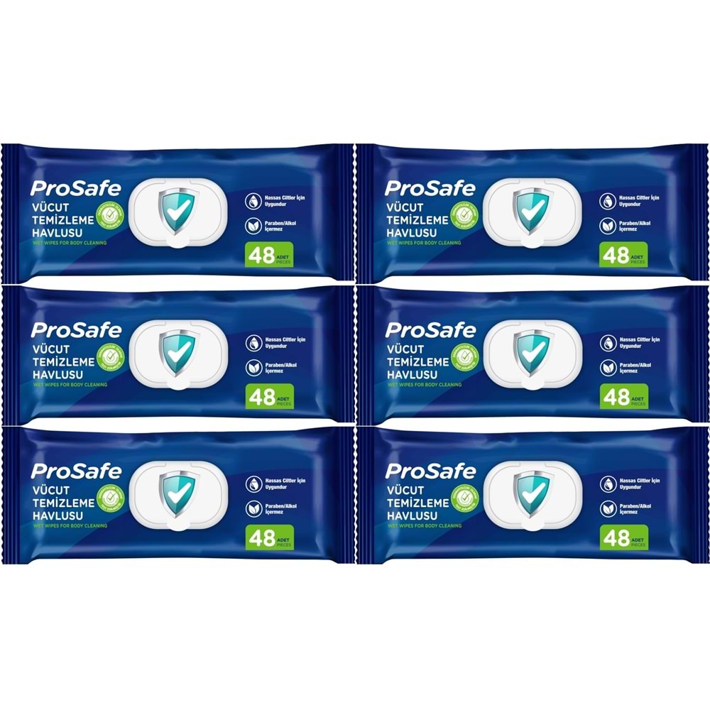 Prosafe Yetişkin Vücut Temizleme Islak Mendil Havlu 48 Yaprak XL (6 Lı Set) Plastik Kapak