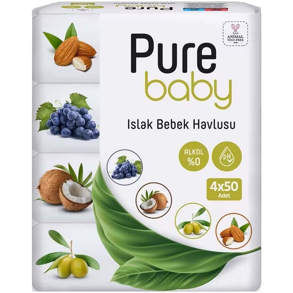 Pure Baby Wipes Islak Havlu Mendil 50 Yaprak 48 Li Set (2400 Yaprak) (Meyveli)