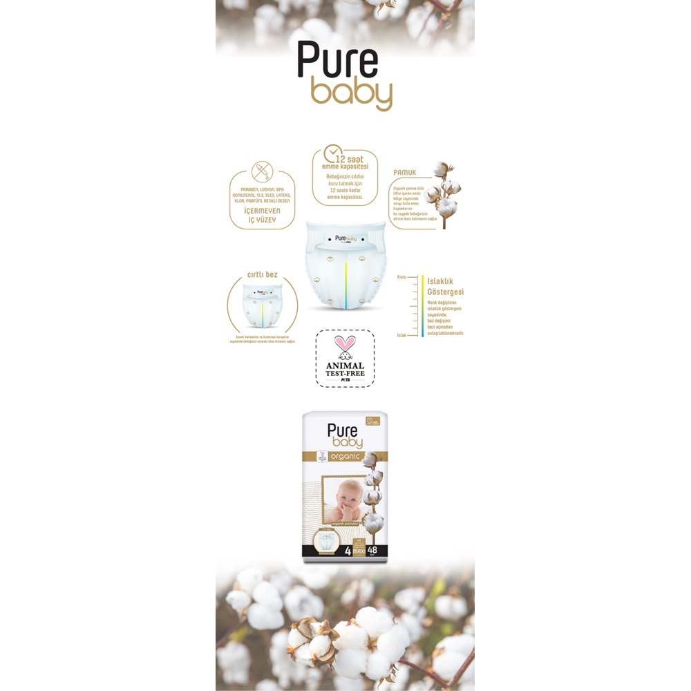 Pure Baby Organik Bebek Bezi 4 Beden 7-16 KG Maxi 156 Adet Aylık Fırsat Pk