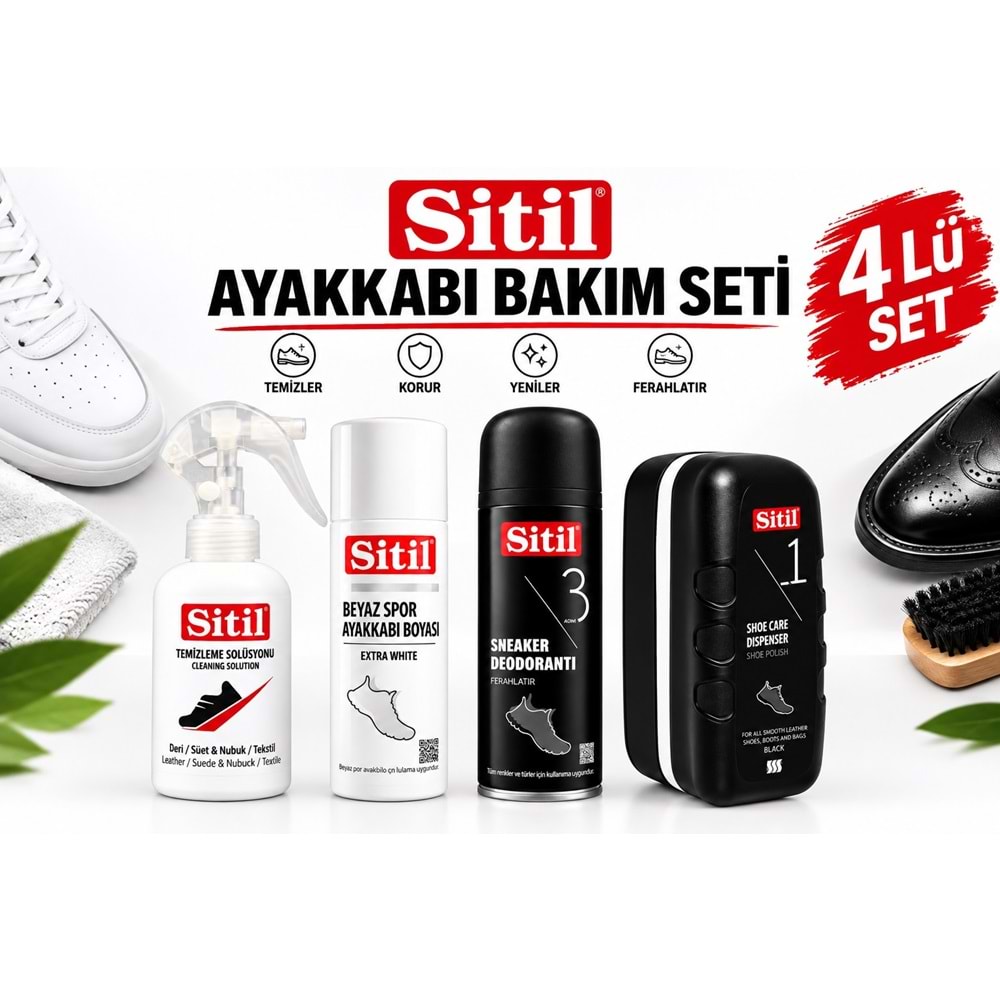 Sitil Ayakkabı Bakım Seti Beyaz Boya - Deodorant - Temizleme Solüsyonu - Bakım Süngeri (4 Lü Set)
