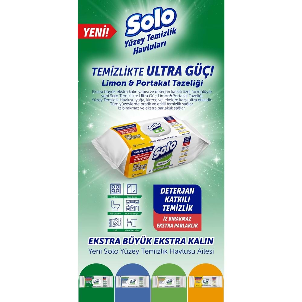 Solo Yüzey Temizlik Havlusu - Mendili 100 Yaprak Limon & Portakal Tazeliği (12 Li Set) 1200 Yaprak