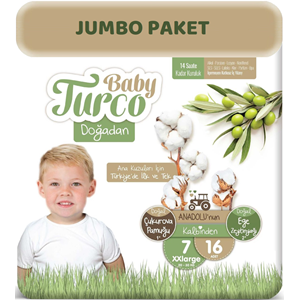 Baby Turco Bebek Bezi Doğadan 7 Beden (20-30Kg) XXLarge 16 Adet Jumbo Pk