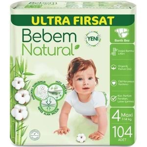 Bebem Bebek Bezi Natural 4 Beden 7-14 KG Maxi 104 Adet Ultra Fırsat Pk