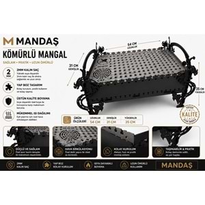 MANDAŞ Yapboz Kömürlü Mangal 54x31x35 cm - 2 mm Kalın Çelik - Elektrostatik Boyalı - Kolay Kurulum
