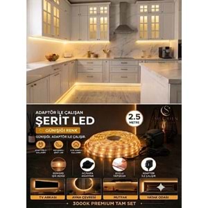 Silorien 2.5 Metre Günışığı Şerit LED Mutfak Dolabı Tezgah Üstü Adaptörlü Aç Kapa Buton Tak Çalıştır