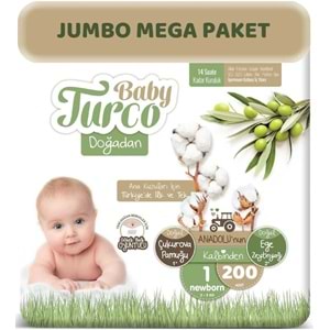 Baby Turco Bebek Bezi Doğadan Beden:1 (2-5Kg) Yeni Doğan 200 Adet Jumbo Mega Pk