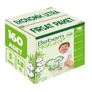 Bebem Bebek Bezi Natural 5 Beden 11-18 KG Junior 160 Adet Ekonomik Ultra Fırsat Pk