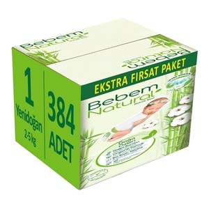 Bebem Bebek Bezi Natural 1 Beden 2-5 KG Yenidoğan 384 Adet Ekstra Fırsat Pk