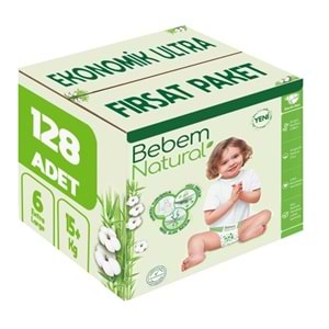 Bebem Bebek Bezi Natural 6 Beden 15+ KG Extra Large 128 Adet Ekonomik Ultra Fırsat Pk