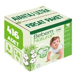 Bebem Bebek Bezi Natural 4 Beden 7-14 KG Maxi 416 Adet Avantaj Ultra Fırsat Pk
