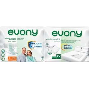 Evony Yetişkin Bezi Bel Bantlı Tekstil Yüzey L-Büyük 30 Adet + Yatak Koruyucu Örtü 30 Adet