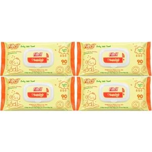 Fibril Islak Havlu Mendil 90 Yaprak Bebek Plastik Kapaklı (4 Lü Set) 360 Yaprak