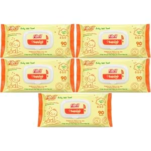 Fibril Islak Havlu Mendil 90 Yaprak Bebek Plastik Kapaklı (5 Li Set) 450 Yaprak