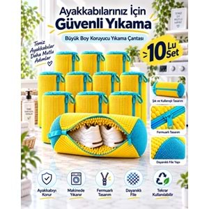Mandaş Büyük Boy Ayakkabı Yıkama Torba File Özel Makarna Kumaş Makinede Deforme Önleyici (10 Lu Set)