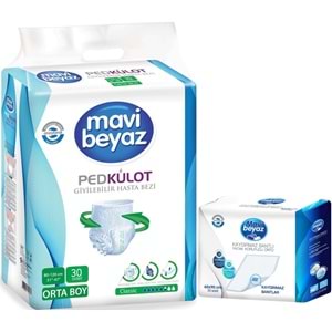 Mavi Beyaz Ped Emici Külot Yetişkin Bezi M - Medium Orta 30 Adet + Yatak Koruyucu Örtü 60*90CM 30 Adet