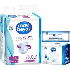 Mavi Beyaz Ped Emici Külot Yetişkin Bezi L 30 Adet + Yatak Koruyucu 30 Adet + Temizleme Havlusu 1 Pk
