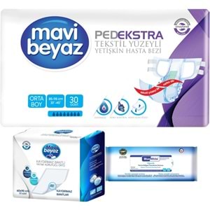 Mavi Beyaz Ped Ekstra Tekstil Yüzeyli Bel Bantlı Yetişkin Bezi M 30 Adet+ Yatak Korucu + Havlu