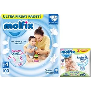 Molfix Bebek Bezi 4 Beden 7-14 KG Maxi 100 Adet Ultra Fırsat Pk+3 Adet Islak Mendil