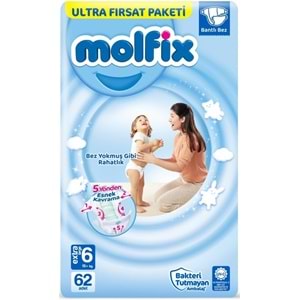 Molfix Bebek Bezi 6 Beden 15+ KG Extra Large 62 Adet Ultra Fırsat Pk+3 Adet Islak Mendil