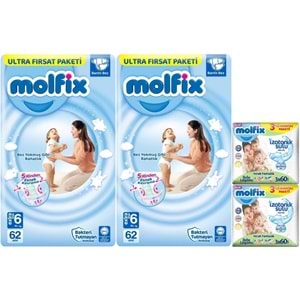Molfix Bebek Bezi 6 Beden 15+ KG Extra Large 124 Adet Ekonomik Ultra Fırsat Pk+6 Adet Islak Mendil