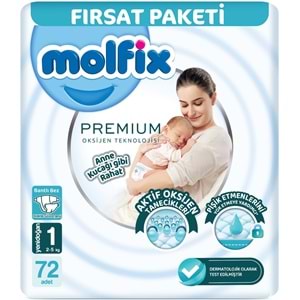 Molfix Premium Bebek Bezi 1 Beden 2-5 KG Yeni Doğan 72 Adet Fırsat Pk + 3 Adet Islak Mendil