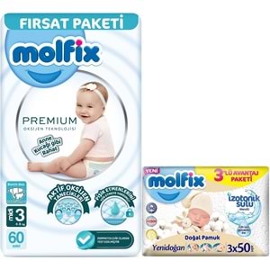 Molfix Premium Bebek Bezi 3 Beden 4-9 KG Midi 60 Adet Fırsat Pk + 3 Adet Islak Mendil