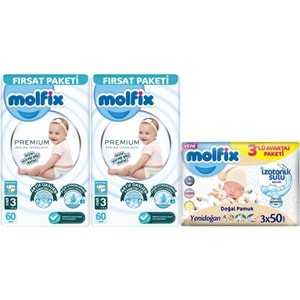 Molfix Premium Bebek Bezi 3 Beden 4-9 KG Midi 120 Adet Fırsat Pk + 3 Adet Islak Mendil