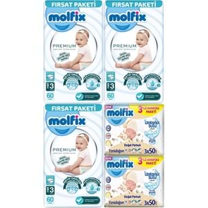 Molfix Premium Bebek Bezi 3 Beden 4-9 KG Midi 180 Adet Fırsat Pk + 6 Adet Islak Mendil