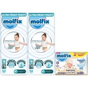 Molfix Premium Bebek Bezi 6 Beden 15+ KG Extra Large 108 Adet Ultra Fırsat Pk + 3 Adet Islak Mendil