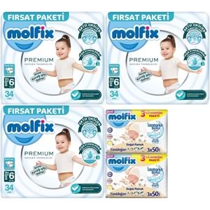 Molfix Premium Bebek Bezi 6 Beden 15+ KG Extra Large 102 Adet Fırsat Pk + 6 Adet Islak Mendil