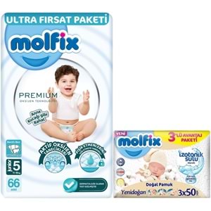 Molfix Premium Bebek Bezi 5 Beden 11-18 KG Junior 66 Adet Ultra Fırsat Pk + 3 Adet Islak Mendil