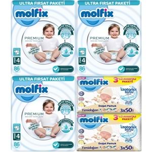 Molfix Premium Bebek Bezi 4 Beden 7-14 KG Maxi 258 Adet Ultra Fırsat Pk + 6 Adet Islak Mendil