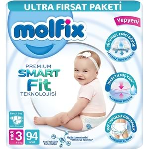 Molfix Premium Smart Fit Bebek Bezi 3 Beden 4-9 KG Midi 564 Adet Ekstra Ultra Fırsat Pk