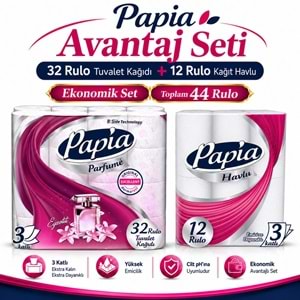 Papia Tuvalet Kağıdı (3 Katlı) 32 Li Pk Egzotik Parfümlü + 12 Li Paket Kağıt Havlu Klasik (3 Katlı)