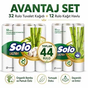 Solo Avantaj Set Ultra Kağıt Havlu 12 Li Rulo + 32 Rulo Tuvalet Kağıdı Organik Bambu ve Pamuk Özlü