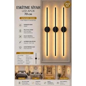 MANDAŞ Siyah Gün Işığı 70 CM Led Duvar Aplik 3 Adet|Pilli Kablosuz Kullanım Tak-Çalıştır