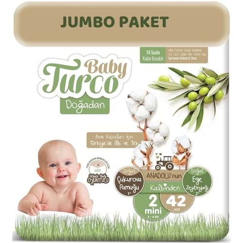 Baby Turco Bebek Bezi Doğadan 2 Beden 3-6 KG Mini Göbek Bağı Oyuntulu 42 Adet Jumbo Pk