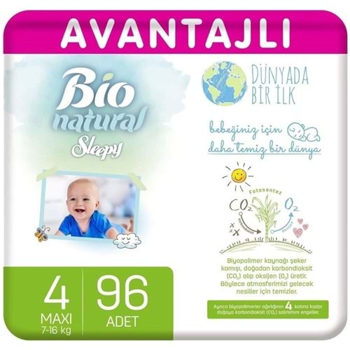Sleepy Bebek Bezi Bio Natural 4 Beden 7-16 KG Maxi 96 Adet Ultra Pk