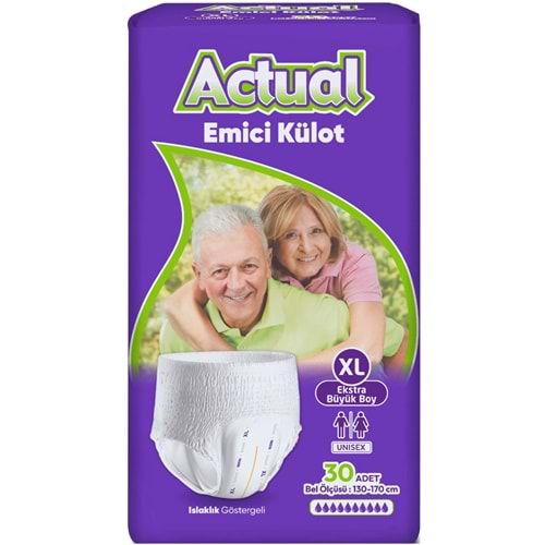 Actual Emici Külot Yetişkin Bezi XL - Extra Large - Ekstra Büyük (30 Adet) (Islaklık Göstergeli)