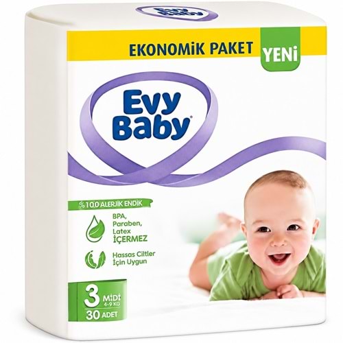 Evy Baby Bebek Bezi 3 Beden 5-9 KG Midi 30 Adet Ekonomik Pk
