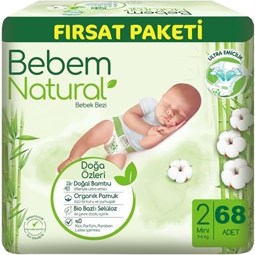 Bebem Bebek Bezi Natural 2 Beden 3-6 KG Mini 68 Adet Fırsat Pk